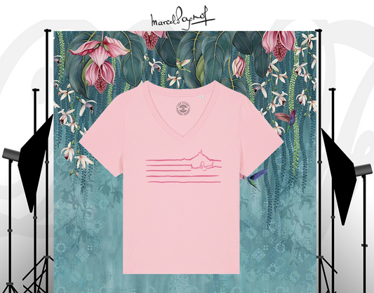 T-shirt Col V Marinière Rose Pink en Coton Bio - Élégance et Tradition par Marcel Pagnol | Mode Écoresponsable